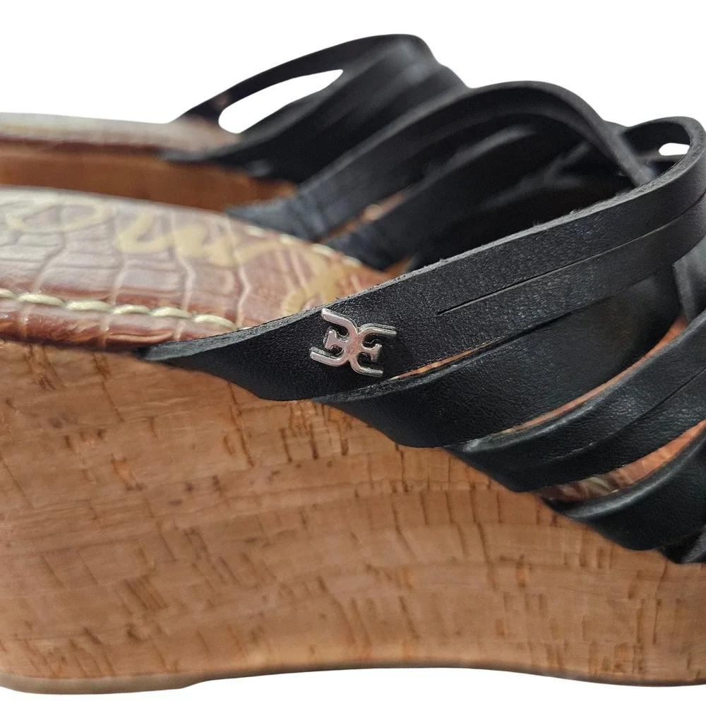 Sam Edelman Black Leather Strappy Cork‎ Wedge Platform Sandals Womens 8